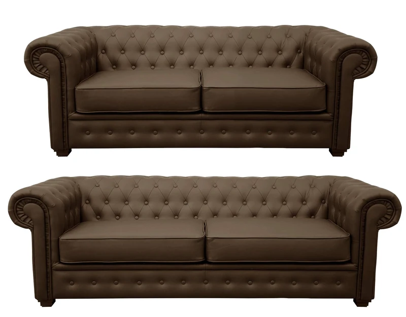 Chesterfield Style Venus Sofa 3 Seater 2 Seater Armchair Brown Faux Leather (3+2 Seater)