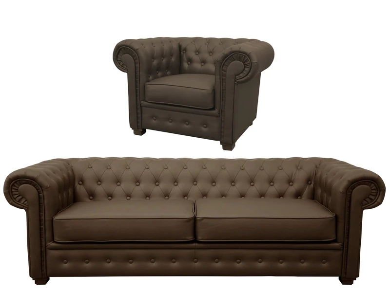 Chesterfield Style Venus Sofa 3 Seater 2 Seater Armchair Brown Faux Leather (3+1 Seater)