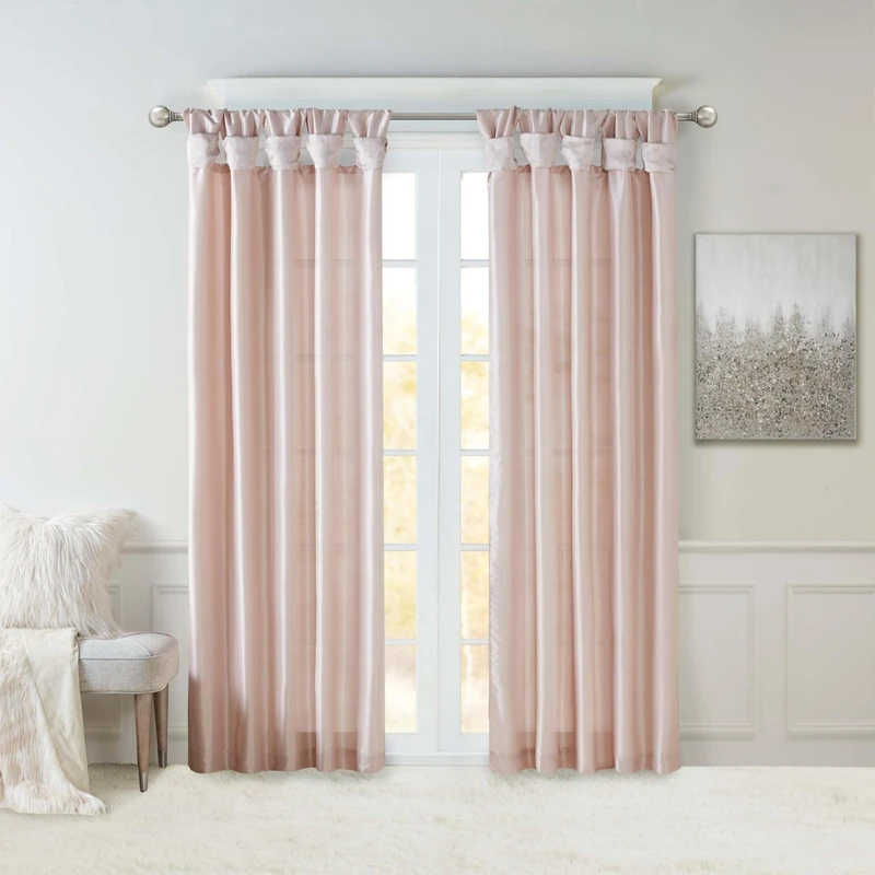 Madison Park Emilia Faux Silk Single Curtain with Privacy Lining, DIY Twist Tab Top, Window Drape for Living Room, Bedroom and Dorm, 95" L x 50" W, Blush