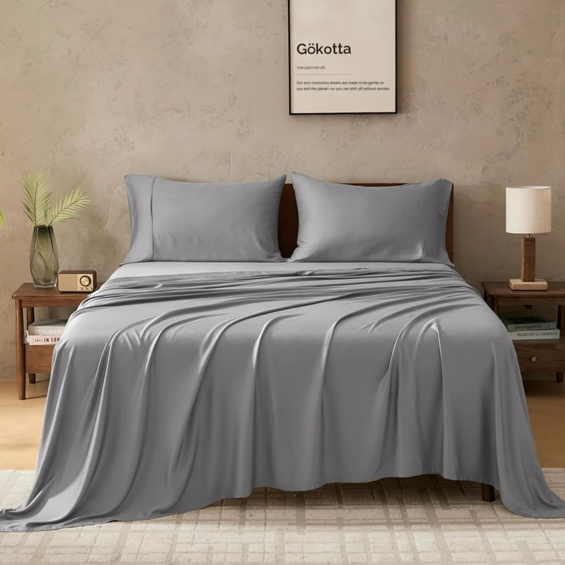 GOKOTTA Queen Size Bamboo Rayon Bed Sheets 4 Piece Set, Super Soft, Cooling, Deep Pocket Up to 16" - Durable Double Stitched (Grey)