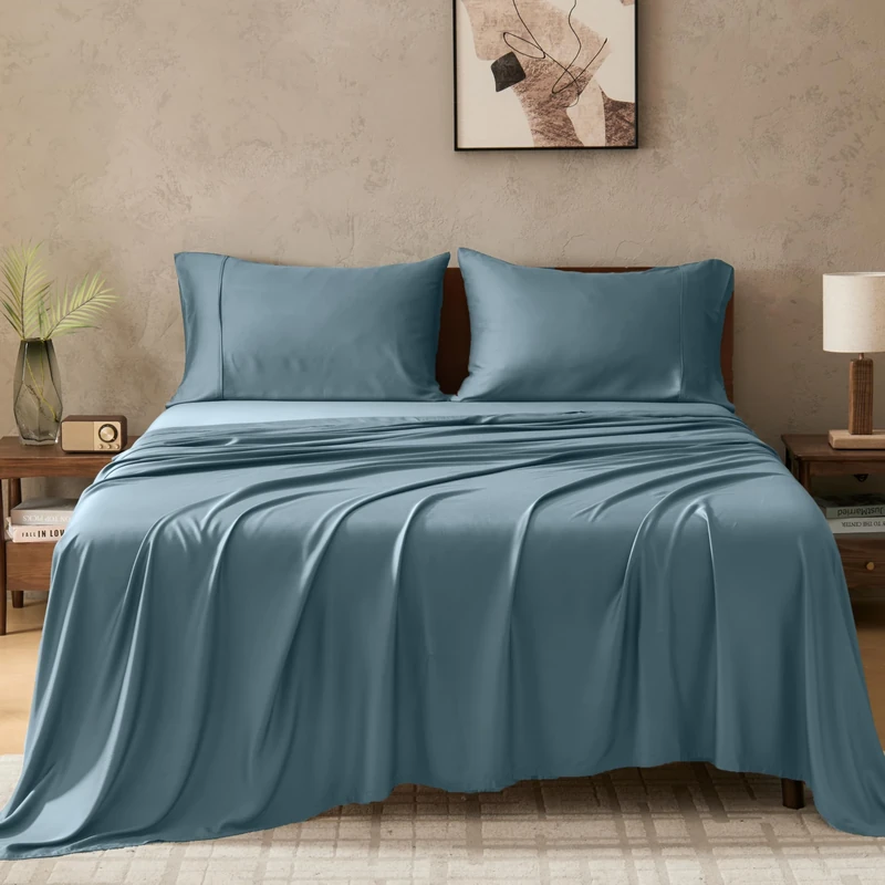 GOKOTTA 100% Bamboo Cooling Sheets Queen Size, Luxury Cozy Bed Sheets Set Deep Pocket, Super Soft Silky Bedding Sheets & Pillowcase Sets with Elastic Corner Straps for Hot Sleeper (Queen, Blue)