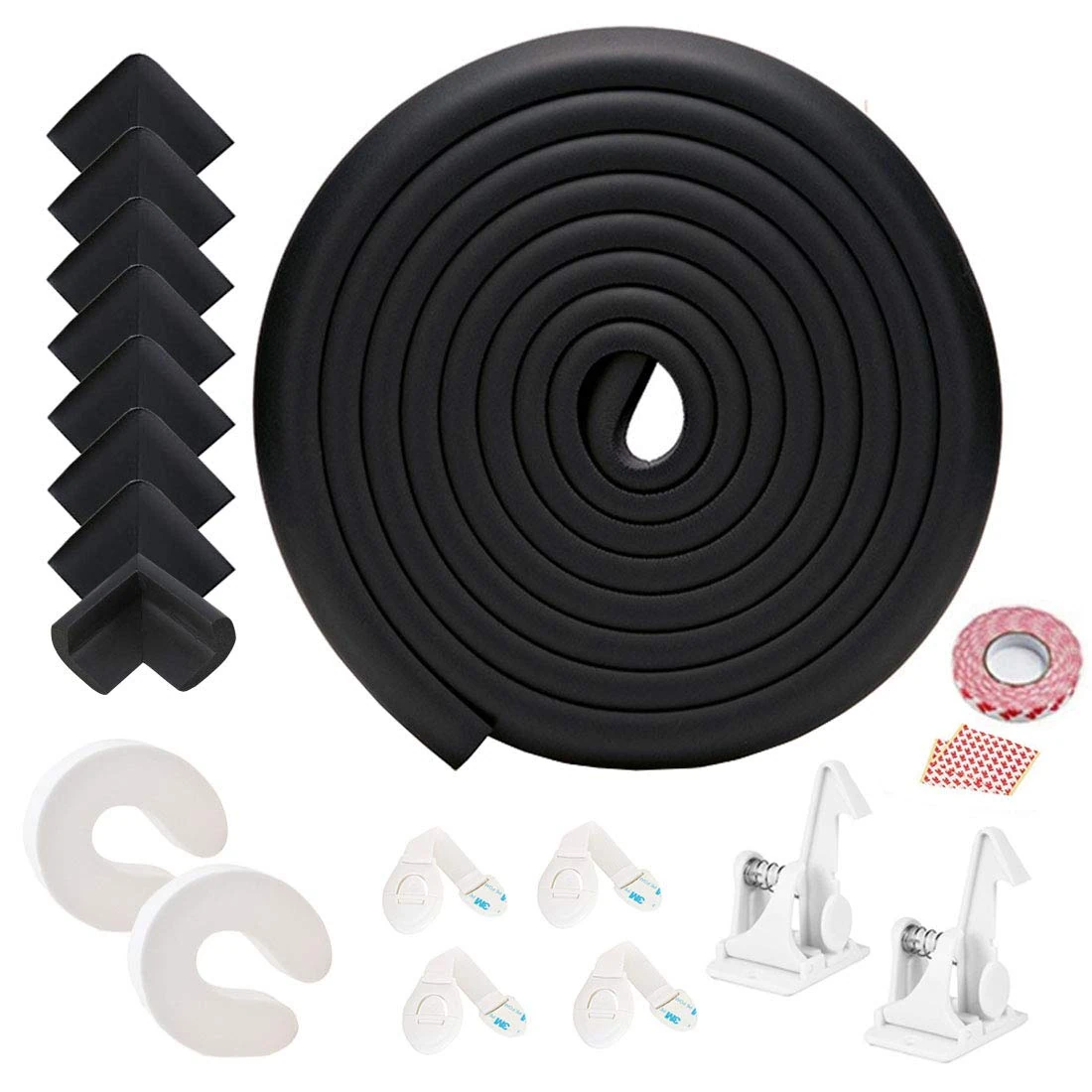 Baby Corner Guards, Fairy Baby 17Pcs Baby Proofing Kit Child Safety 1 Edge Protection 19.68 ft + 8 Corner Protectors +2 Cabinet Latch Locks + 4 Cabinet Strap Locks+ 2 Door Stopper Guards