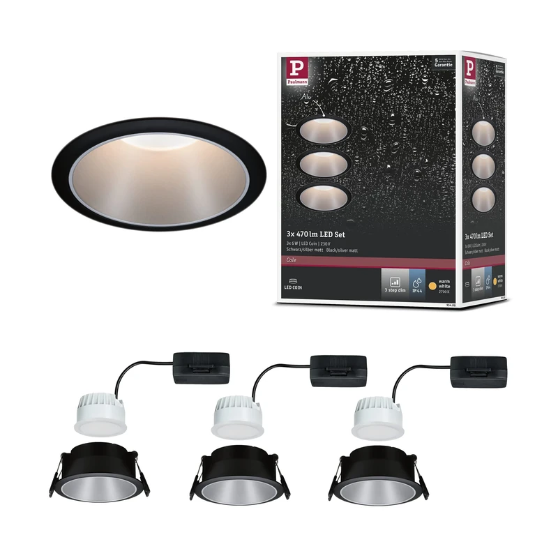 Paulmann Cole Coin Recessed Spotlight, 3 Levels, Dimmable, Diameter 88 mm, 3 x 6.5 W, 460 lm, IP44 Splash Protection, 2700 Kelvin, Matte Black/Silver, Recessed Light