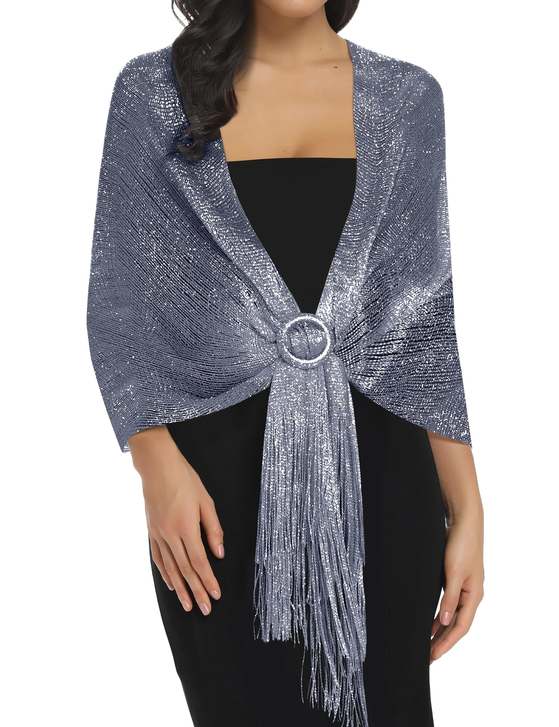 Rheane Sparkling Metallic Shawls and Wraps with Buckle for Evening Party Dresses Wedding Party, E. Light blue/Silver (With ight BlueBuckle), Large
