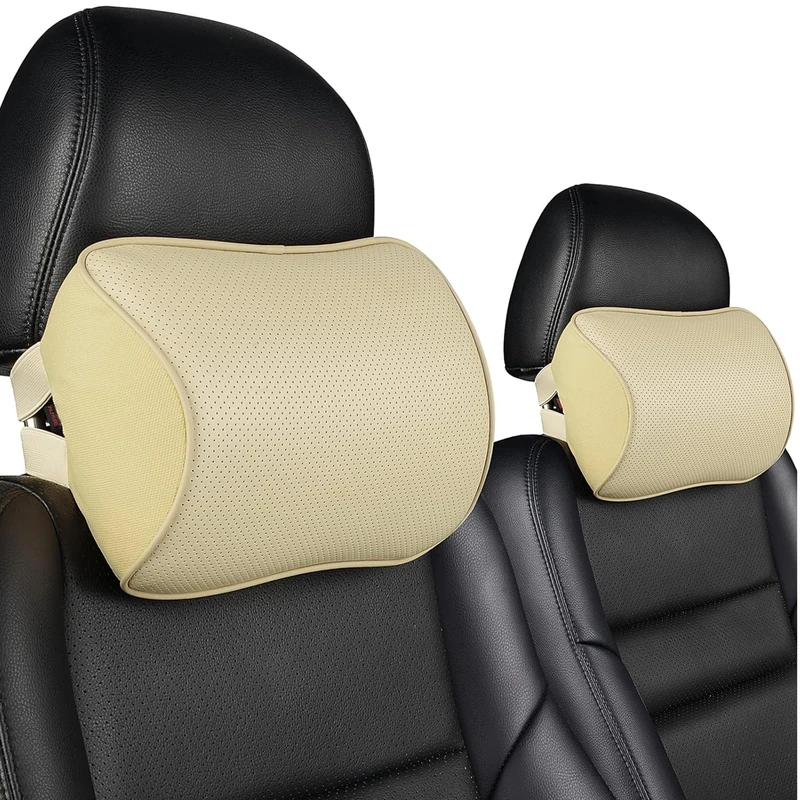 Aukee Car Neck Pillow Soft Memory Foam Leather Headrest for Driving Home Office Beige (Pack of 2)