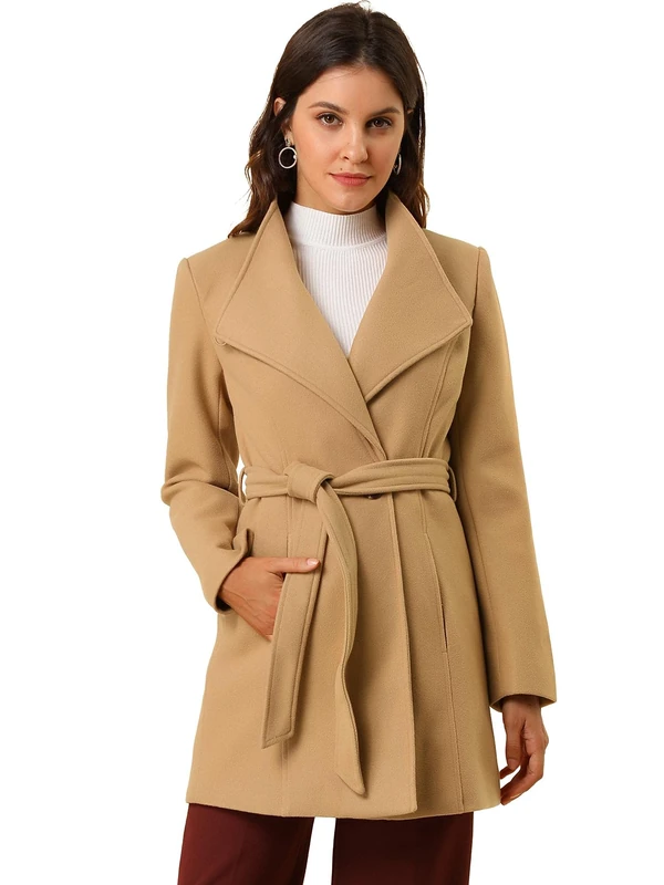 Allegra K Women's Winter Elegant Stand Collar Long Sleeve Long Belted Coats Khaki S