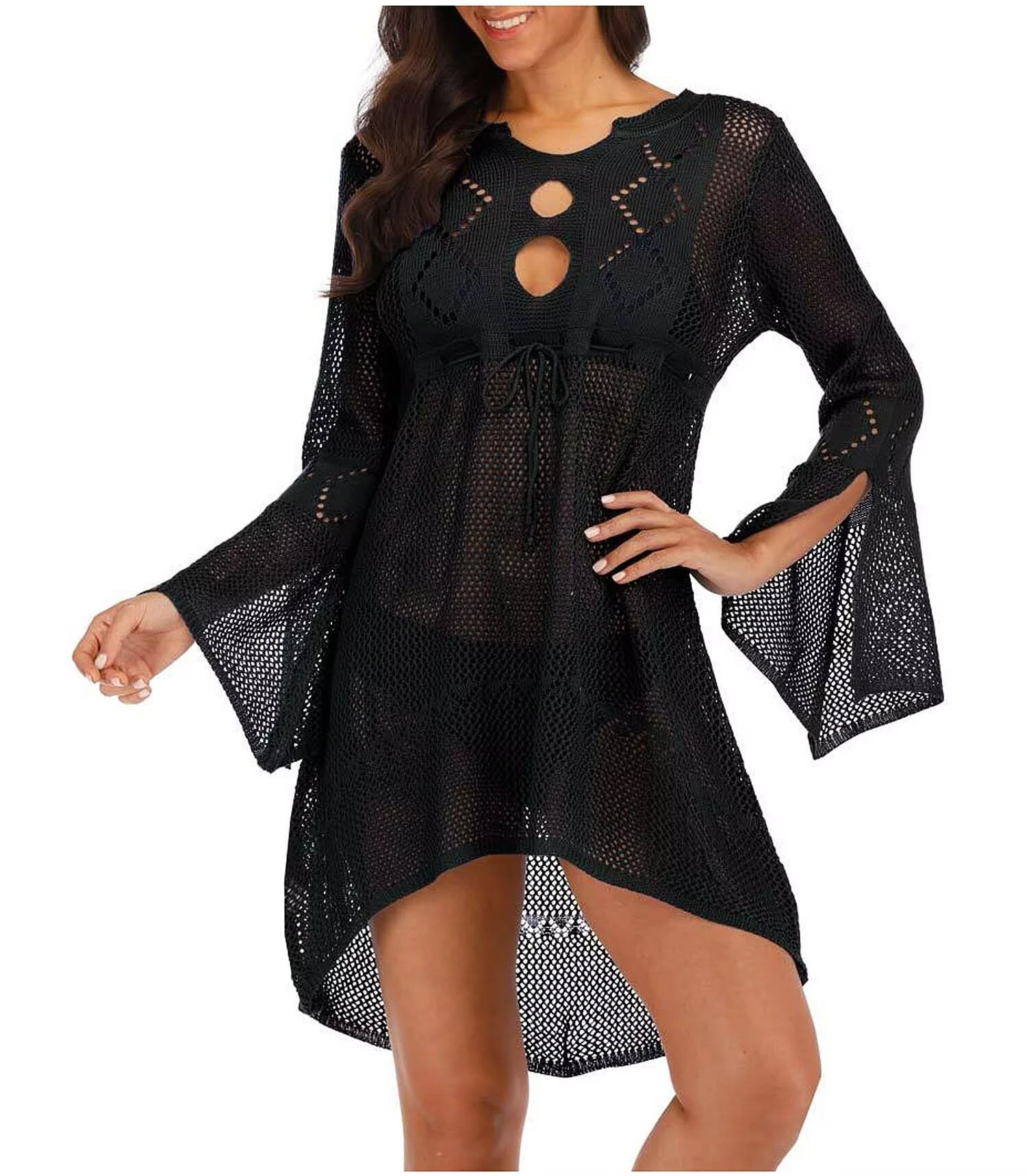 Jinsha Women's Swimsuitwear-Fashion Sexy-Bikini Bathing-Beachwear Cover-Ups - Sarongs Suit Hollow Crochet Dress Skirt Short Tops Blouse Tunic Open Front Lightweight Casual Cover Up Summer Women Black