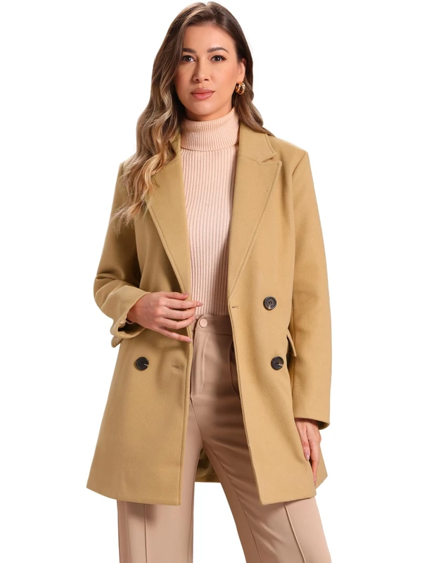 Allegra K Women's Notch Lapel Double Breasted Belted Mid Long Outwear Winter Coat Khaki L