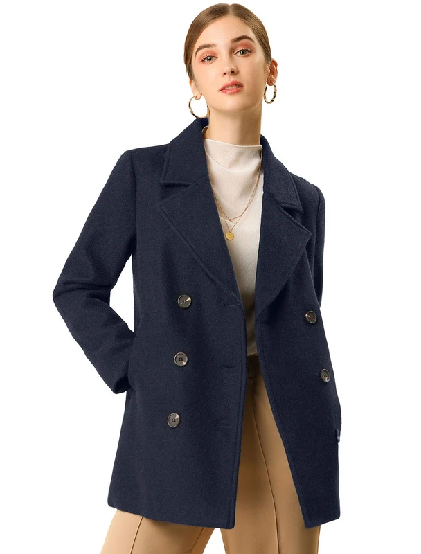 Allegra K Women's Winter Coats Long Sleeve Lapel Mid-thigh A-Line Outerwear Double Breasted Pea Coat Dark Navy Blue S