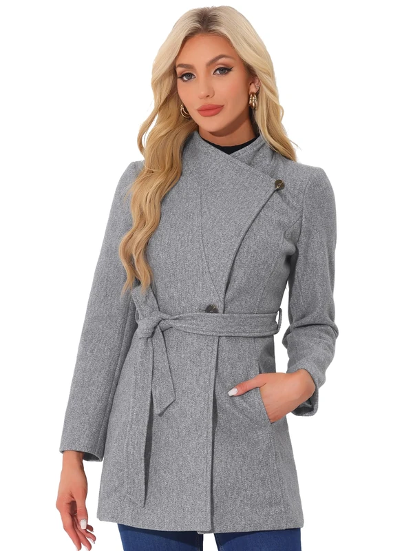 Allegra K Women's Winter Elegant Stand Collar Long Sleeve Long Belted Coats Grey M-12