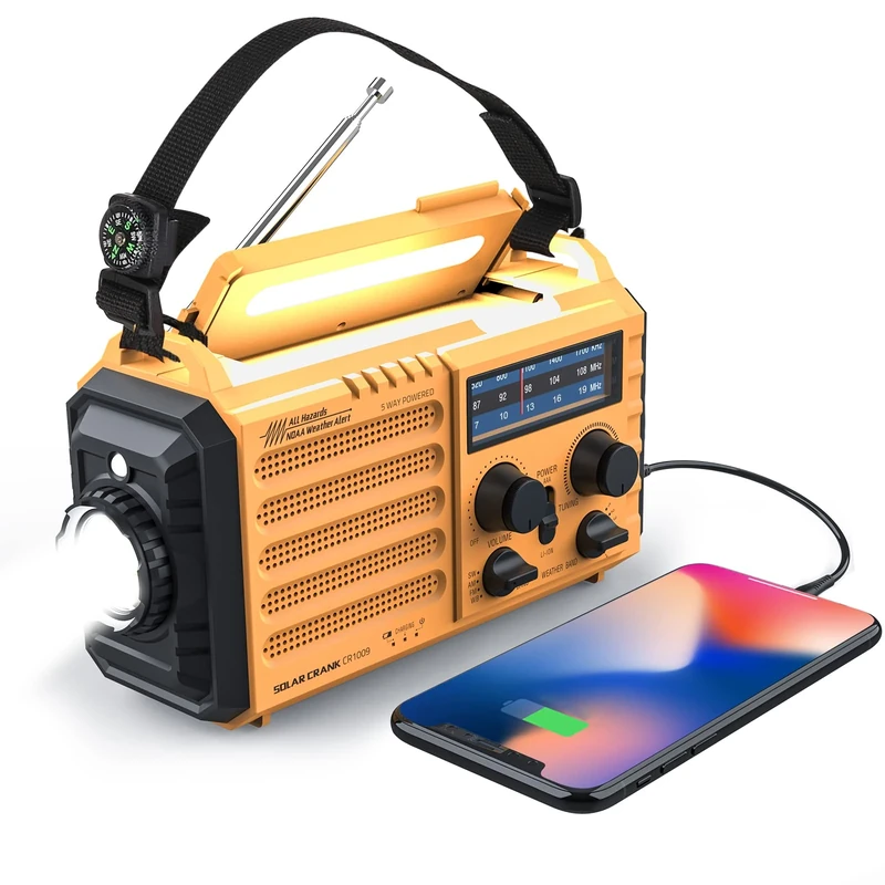 Raynic Weather Radio 5000 Solar Hand Crank Emergency Radio 5 Ways Powered AM/FM/SW/NOAA Weather Alert Portable Radio with Flashlight, Reading Lamp (Yellow)