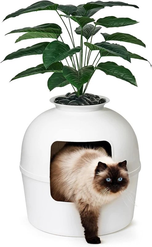 Bundle & Bliss Secret Litter Box by - Hidden Litter Box Enclosure, Patented Design with Odor Control, Includes Faux Plant, Carbon Filter and Real Stones