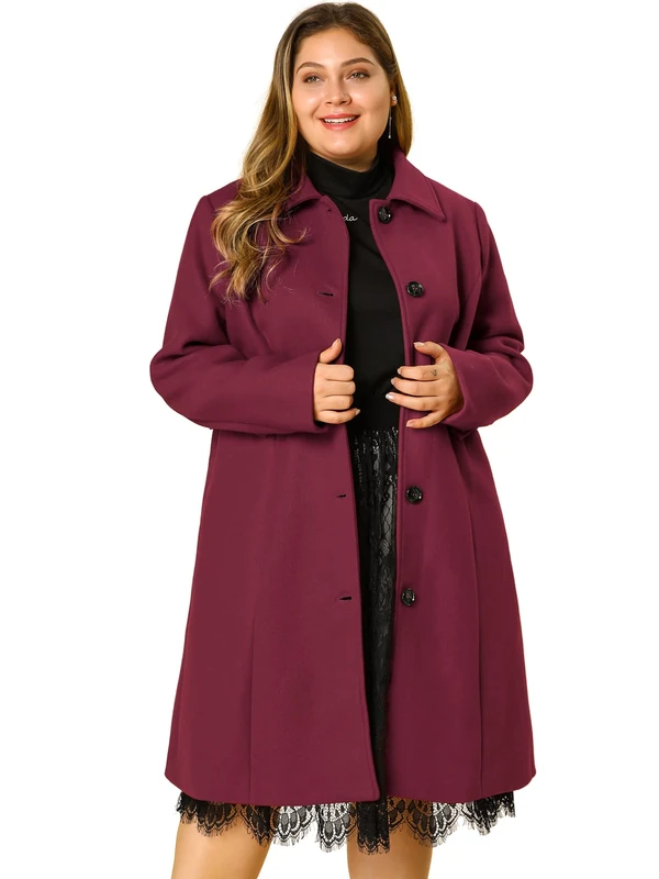 Agnes Orinda Women's Plus Size Single Breasted Belted Winter Long Coat Burgundy XL
