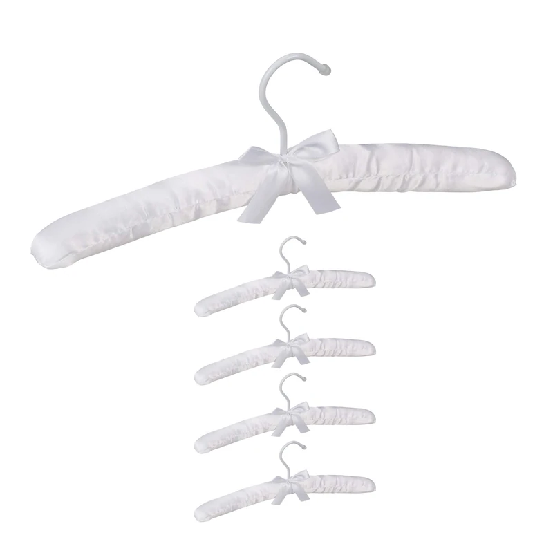 Relaxdays Satin Clothes Hanger Set of 5, Soft Padding, 360° Swivel Hooks, Decorative Bow, 38 cm Wide, White, Wood, 14 x 38 x 3cm
