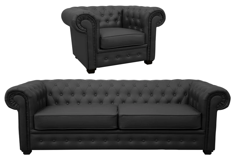 Sofas and More Chesterfield Style Venus Sofa 3 Seater 2 Seater Armchair Black Faux Leather (3+1 Seater)