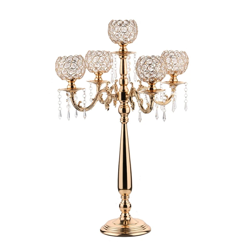 VINCIGANT 5 Arm Crystal Candelabra Centerpieces Gold Candle Holders for Wedding Columns Home Holiday Dinner Party and Formal Event Table Decoration