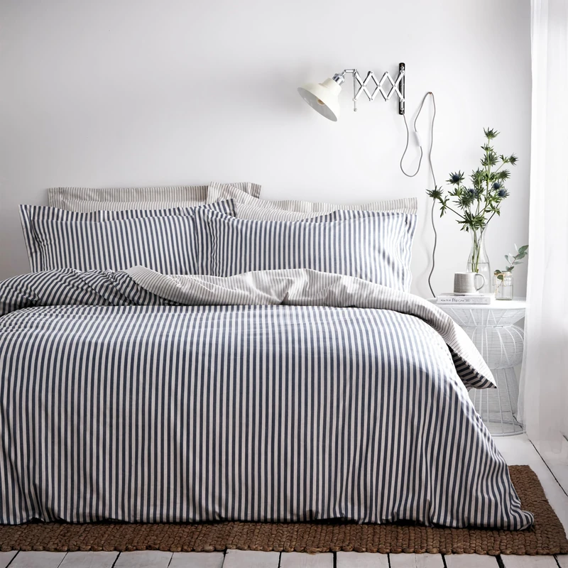 furn. Yard Hebden Mélange Stripe Cotton Duvet Set – Ultra Soft Reversible Striped Bedding (Navy – Super King)