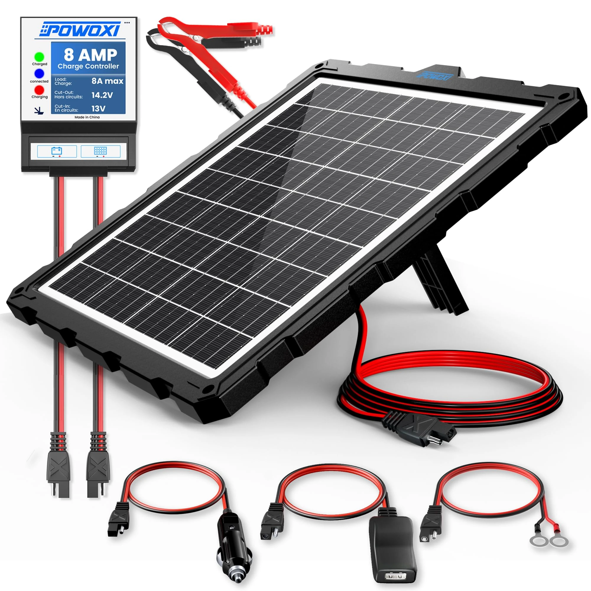 POWOXI-Upgraded-20W-Solar-Battery-Charger-Maintainer, External Smart 3-Stages PWM Charge Controller, 12V Solar Panel Trickle Charging Kit for Car, Marine, Motorcycle, RV, etc
