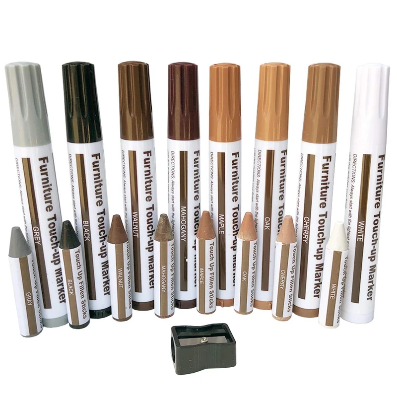 Furniture Wood Repair Markers Touch Up Kit - 17PC Set With Wax Sticks for Stains, Scratches, Floors, Tables, Bedposts - 8 Felt Tip Markers for Carpenters - Image 1