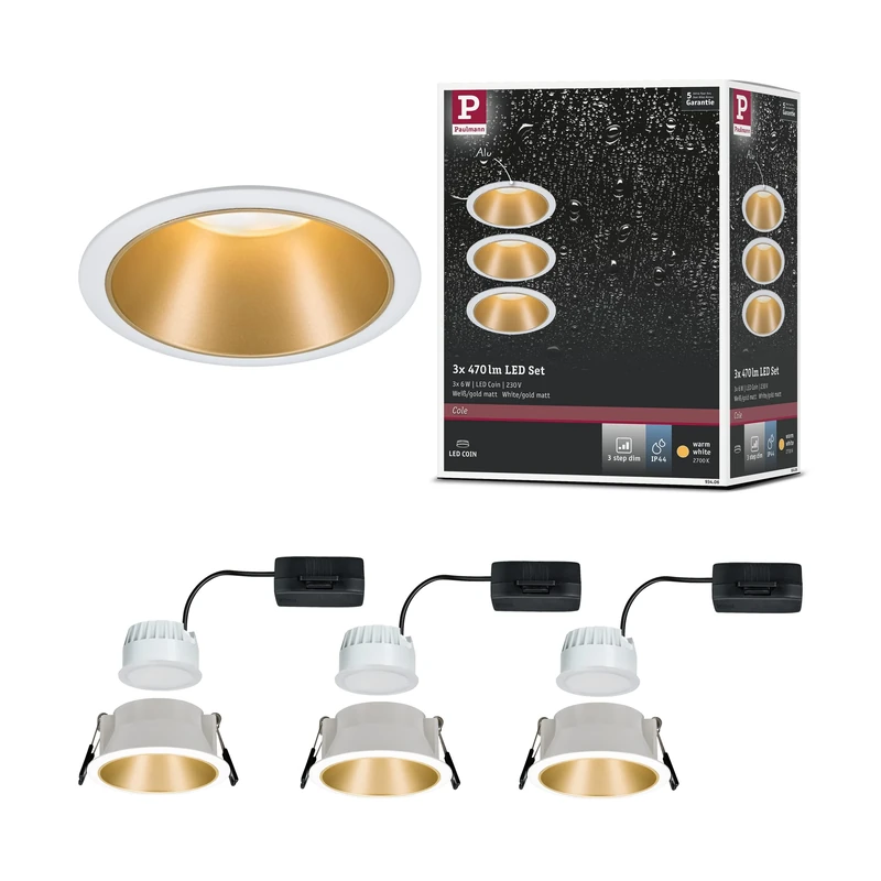 Paulmann 93406 Cole - LED Ceiling Light with 3-Stage Dimmable Spotlight - Round Recessed Luminaire with 2700 K Warm White Light - Set of 3 - White/Gold Matt [Energy Class G]