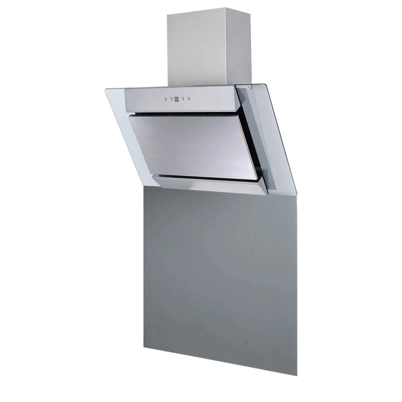 SIA AGL71SS 70cm Angled Stainless Steel & Clear Glass Chimney Cooker Hood Kitchen Extractor Fan & SP70GY Toughened Grey Glass Splashback 70cm x 75cm