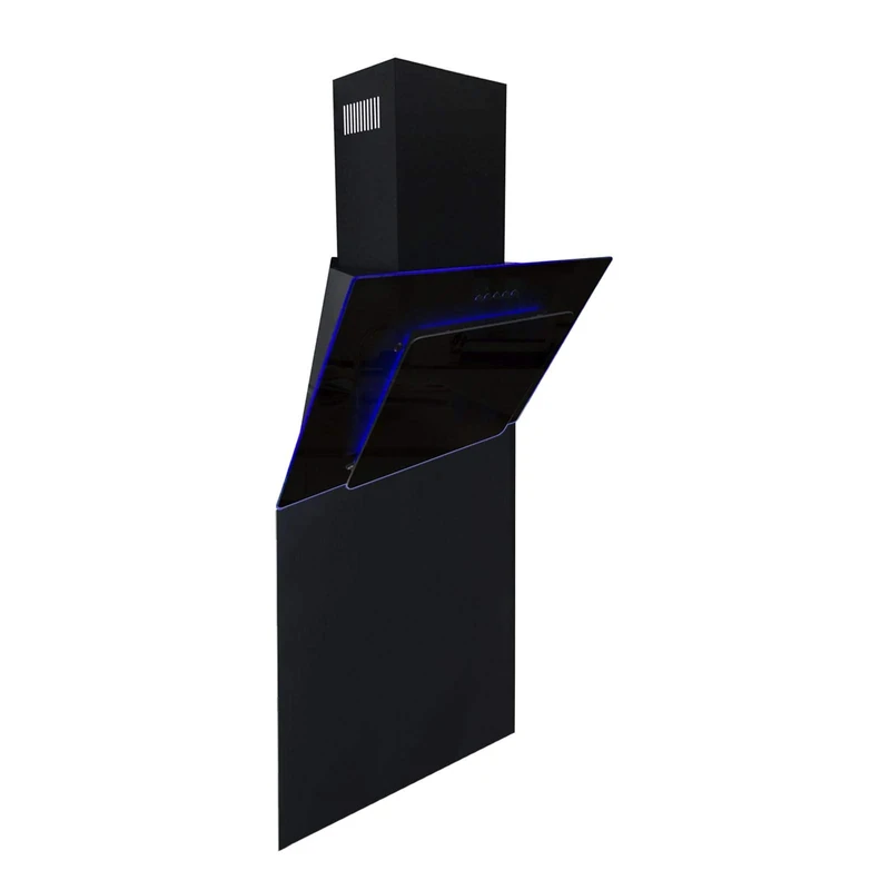 SIA AGE71BL 70cm Black Angled 3 Colour Edge Lit Kitchen Cooker Hood Chimney Extractor Fan & SP70BL Toughened Glass Splashback 70cm x 75cm