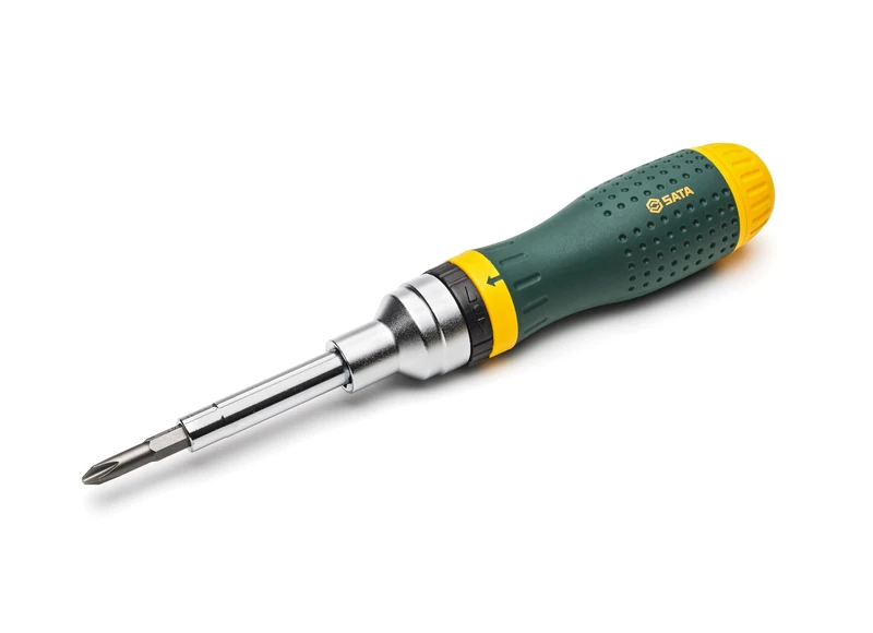SATA ST09350 19-in-1 Multipurpose Ratcheting Screwdriver Set with 8 Double-Sided Bits and a Green and Yellow Oil-Resistant Handle
