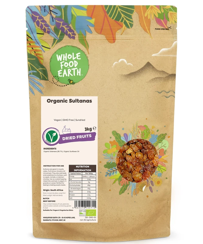 Wholefood Earth Organic Sultanas – 3kg | Vegan | GMO Free | Sundried | Certified Organic - Image 1