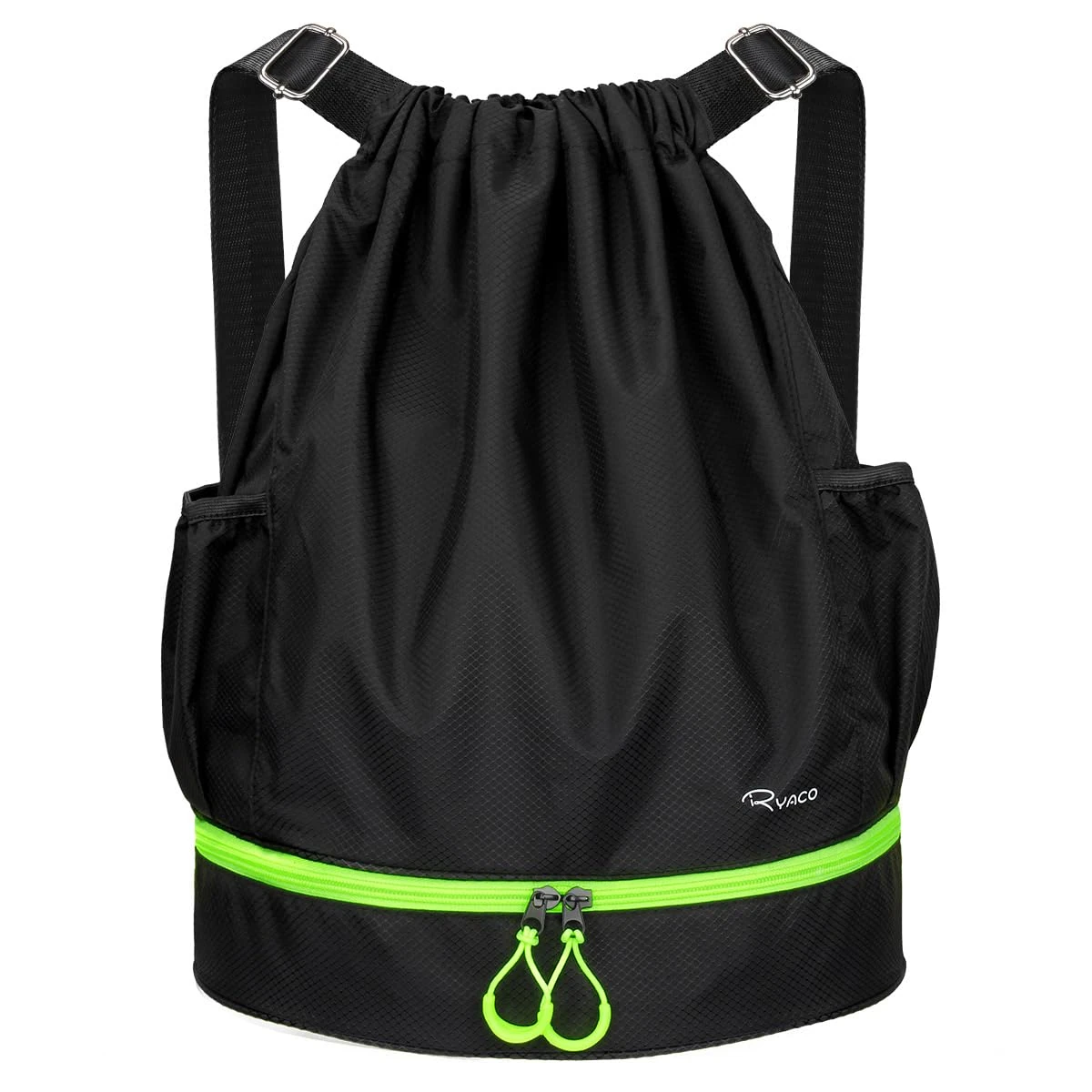 RYACO Drawstring Backpack Sports Gym Bag, Water Resistant String Sackpack Large Size with Zipper and Water Bottle Mesh Pockets for Gym Shopping Sport Yoga School Swimming Beach