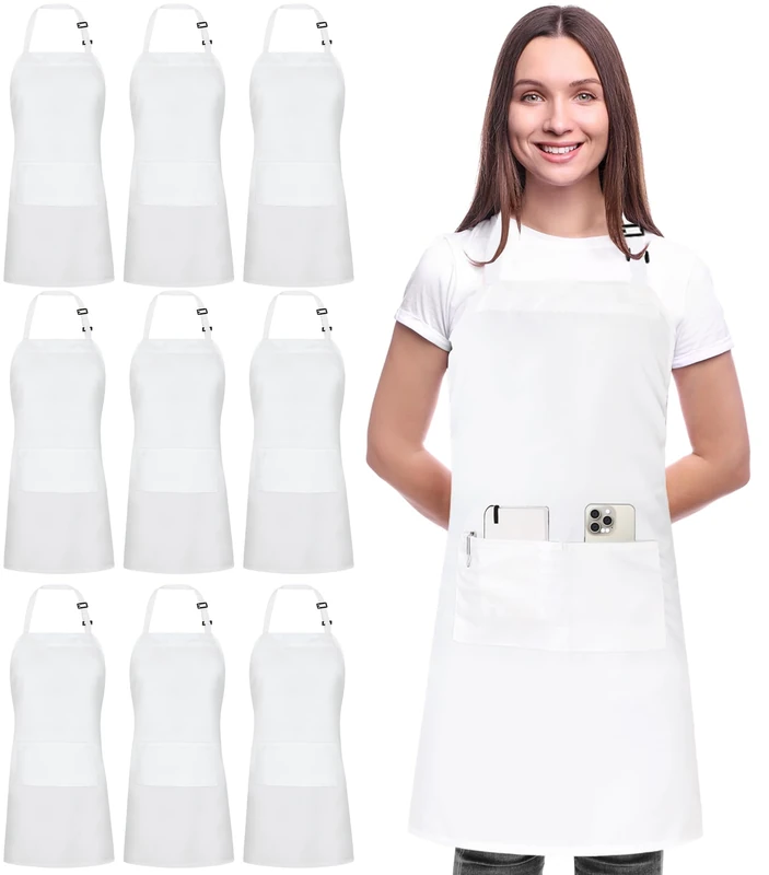 Utopia Kitchen Adjustable Bib Apron (10-Pack) Chef Cooking Kitchen Men Women Waitress Server Work Aprons with Pockets, White, 10 Pack