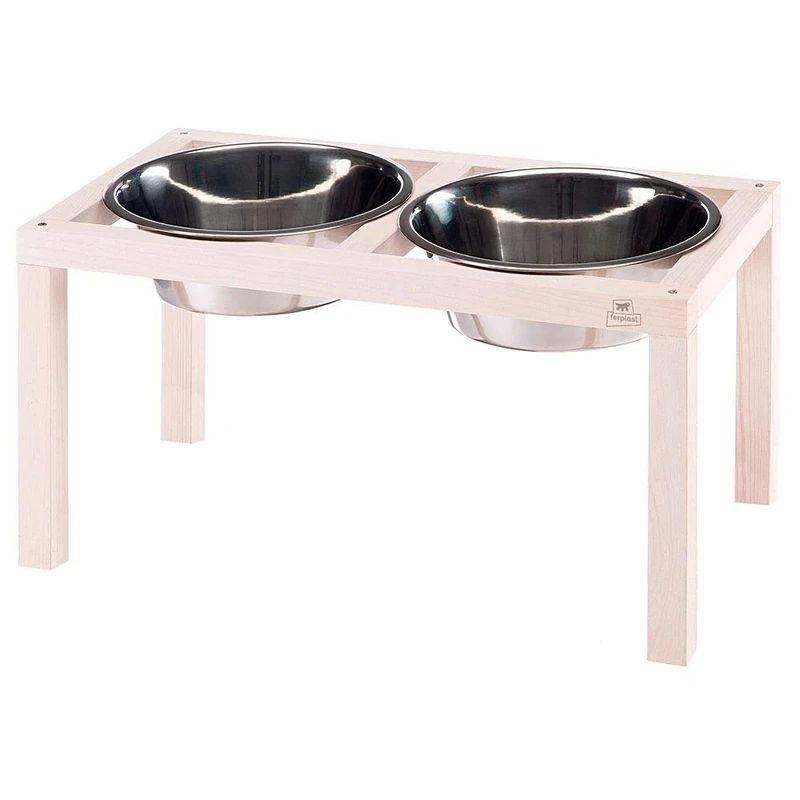 Ferplast Desco Wood Dog Bowl Holder with 2 Stainless Steel Bowls - Stylish, Non-Slip, Raised Wooden Dog Water and Food Bowl, 5,6 Liter