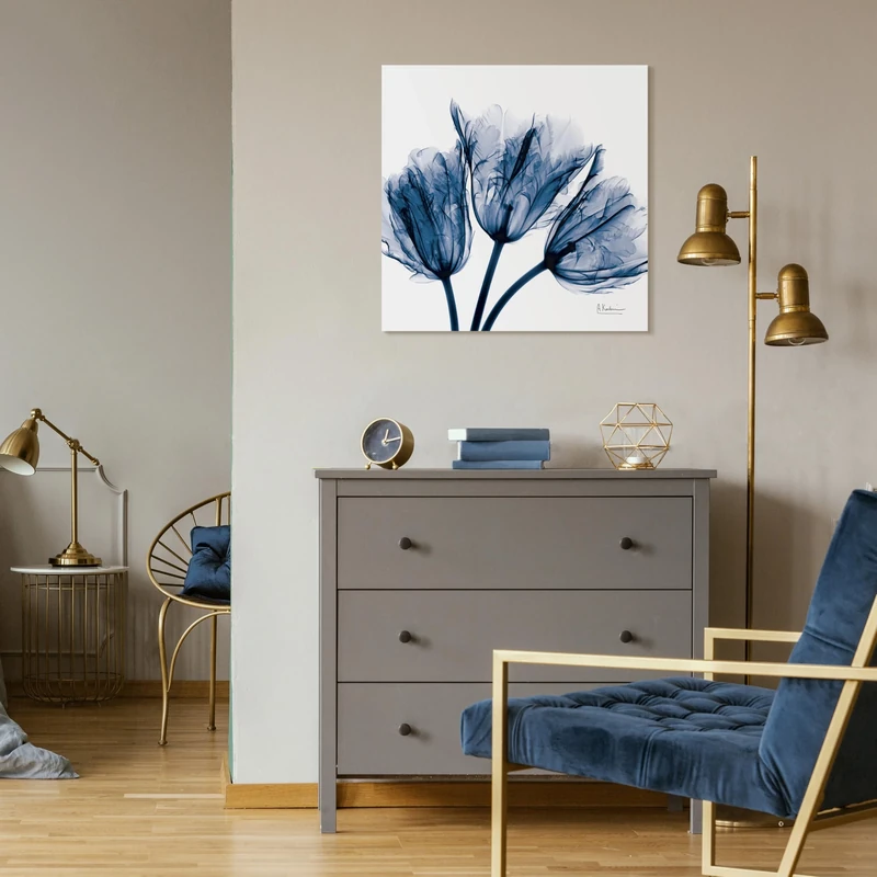 Empire Art Direct Blue Tulip X-Ray Flower Wall Art on Frameless Free Floating Tempered Glass Panel Ready to Hang, Living Room, Bedroom ＆ Office, 24" x 24" x 0.2"