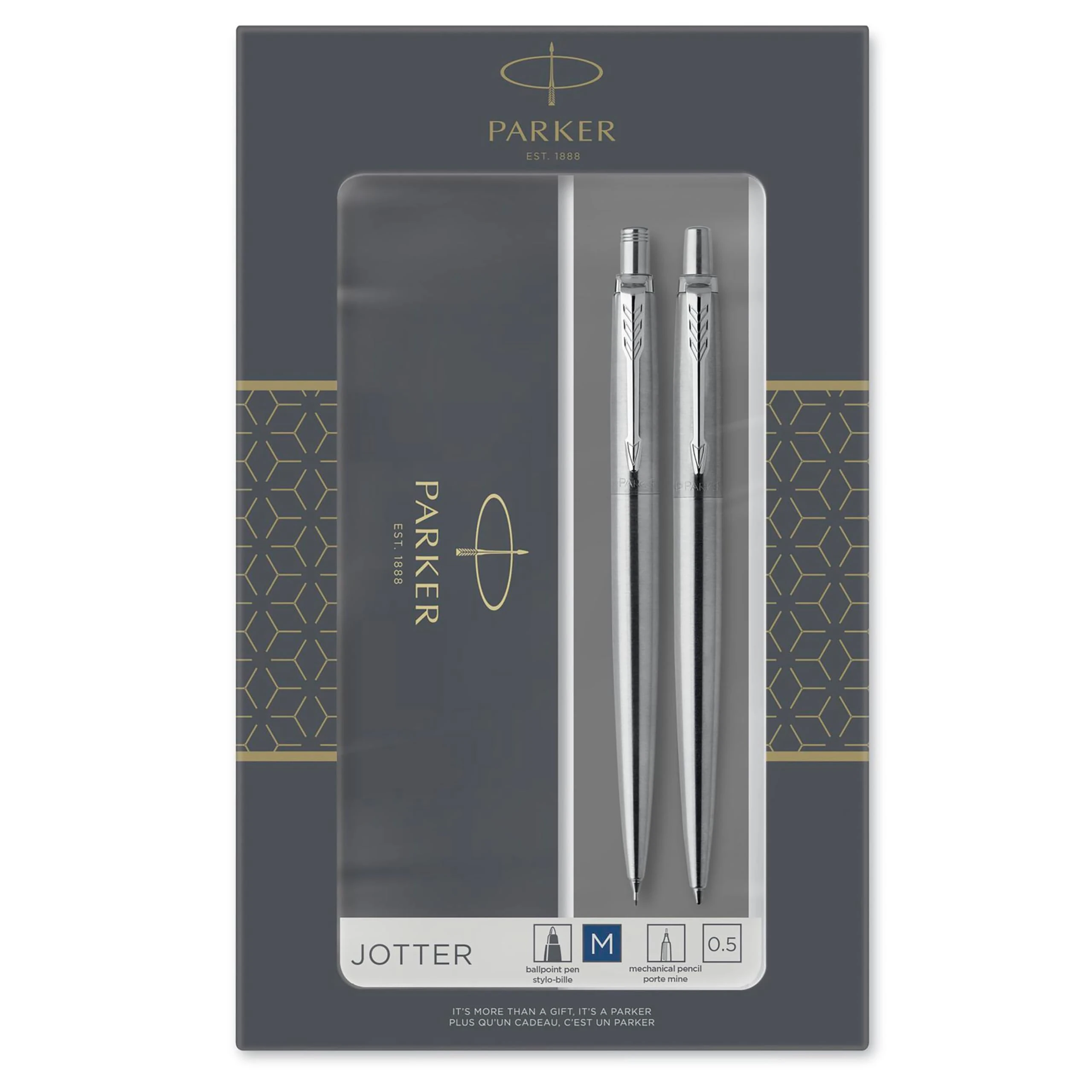 Parker Jotter Duo Gift Set with Ballpoint Pen & Mechanical Pencil (0.5mm) , Stainless Steel with Chrome Trim , Handwriting Pens & Stationery Supplies , Blue Ink Refill