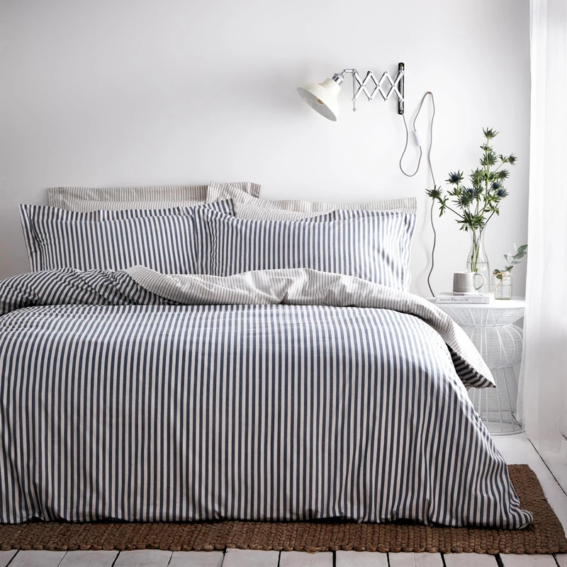 furn. Yard Hebden 100% Cotton Stripe Duvet Cover Set – Reversible Striped Bedding (Navy, King)