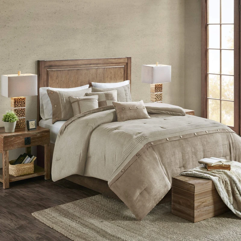 Madison Park Boone Comforter Set-Rustic Cabin Lodge Faux Suede Design All Season Down Alternative Cozy Bedding with Matching Bedskirt, Shams, Decorative Pillow, Queen(90"x90"), Tan 7 Piece