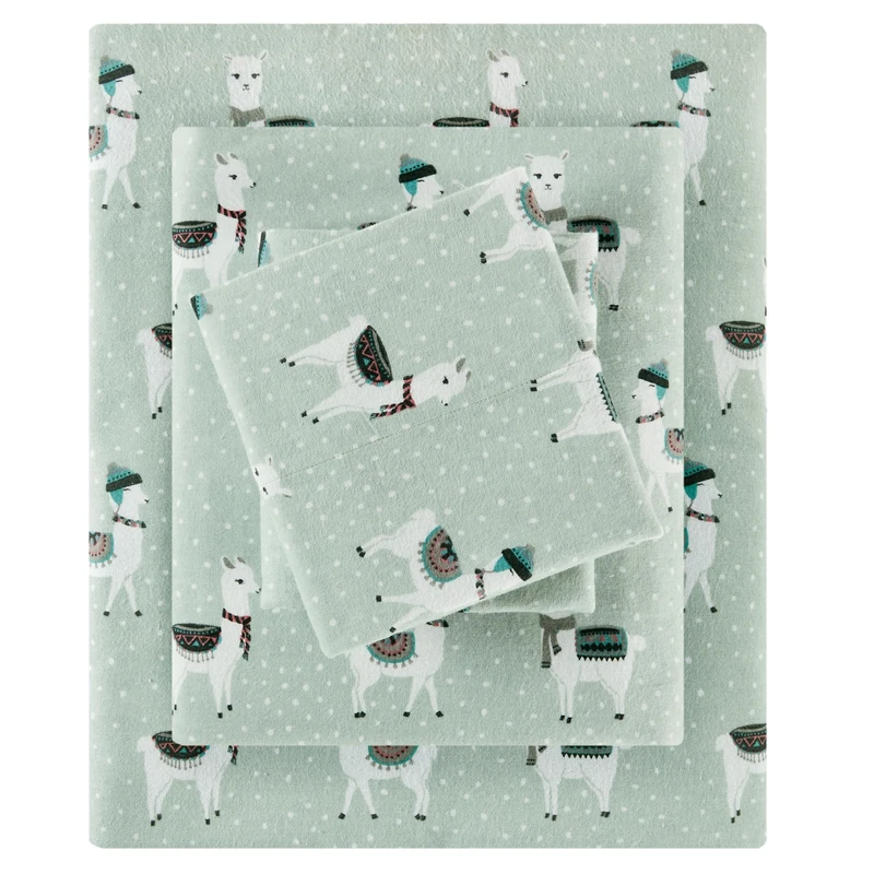 SLEEP PHILOSOPHY True North Cozy Flannel Warm 100% Cotton Sheet - Novelty Print Animals Stars Cute Ultra Soft Cold Weather Bedding Set, King, Seafoam Llama 4 Piece