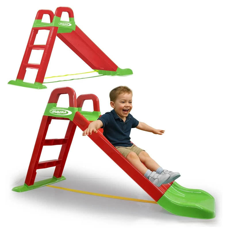 Jamara 460501 Funny Slide Red Robust Plastic Slide for Gentle Landings Wide Steps and Safety Handles Stabilising Rope - Image 1