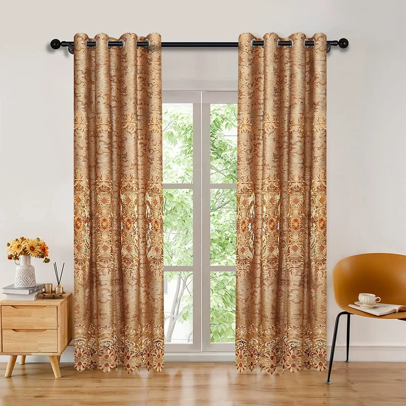 ELKCA European Embroidered Curtains for Living Room Luxury Brown Curtains for Bedroom Embroidered Window Curtains for Kitchen (52" W x 96" L,Pack of 2)
