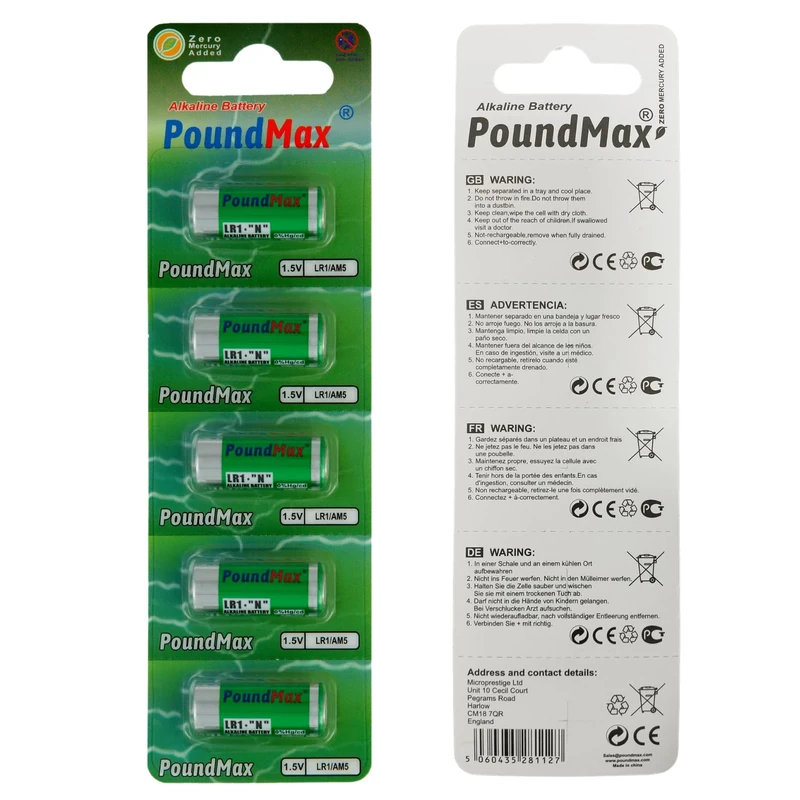 5 X PoundMax 910A LR1 N Type MN9100 1.5V Alkaline Batteries