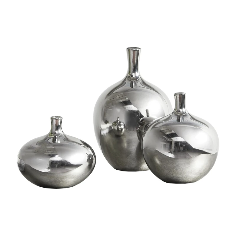 Madison Park Signature Ansen Ceramic Handmade Vase Set Home Décor - Metallic Accent Living Room Decoration Ideal for Shelf Side Table Mantle Ornaments Multi Size Silver 3 Piece