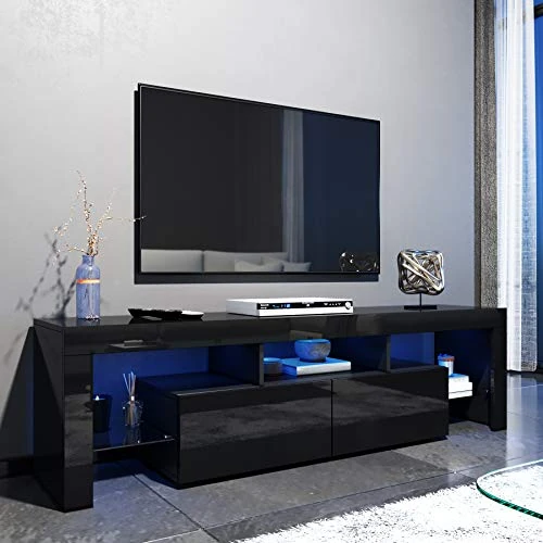 ELEGANT 1600mm LED TV Cabinet Modern Black Gloss TV Stand with Ambient Lights for 32 40 43 50 52 55 60 65 inch 4k TV, for Living Room and Bedroom with Storage Furniture