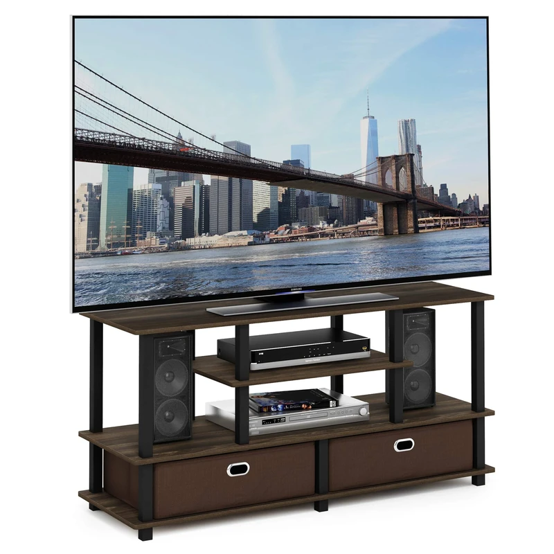 Furinno JAYA TV Stand, 4-Tier Entertainment Center, TV Console for TV up to 55 Inch with 2 Storage Bins and Open Shelves, for Living Room, Bedroom, Columbia Walnut
