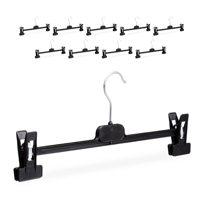 Relaxdays Plastic Trouser Holders Set of 10, Adjustable Clamp Hangers, Swivel Metal Hooks, HWD: 14x36x3 cm, Black, 14 x 36 x 3cm