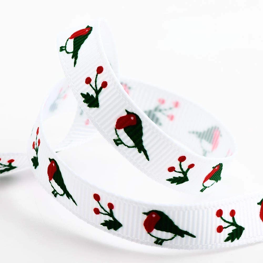 Italian Options Robins Christmas Grosgrain Ribbon - 9mm x 5M - White