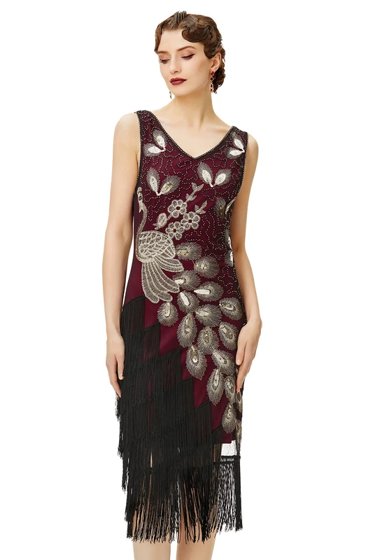 BABEYOND 1920s Vintage Peacock Sequined Dress Gatsby Fringed Flapper Dress Roaring 20s Party Dress, Gold WineRed, X-Small