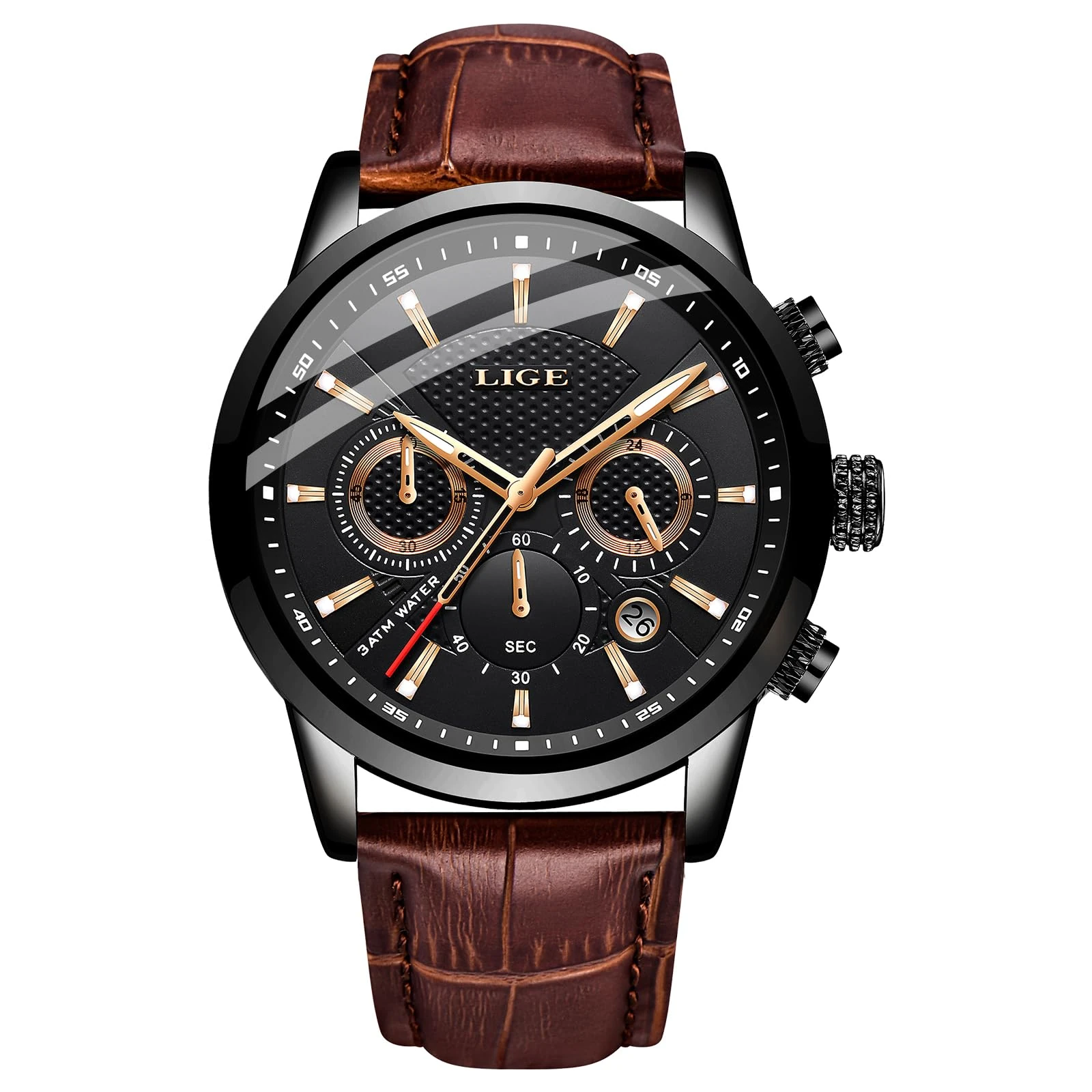 LIGE Mens Watches Fashion Waterproof Sports Chronograph Analogue Quartz Stainless Steel Dial Leather Bracelet Wristwatch (Black Brown)