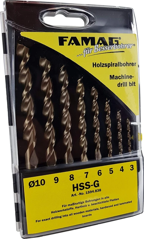 FAMAG 1594838 8pcs HSS-Ground Brad Point Drill Bit Set in Plastic Case