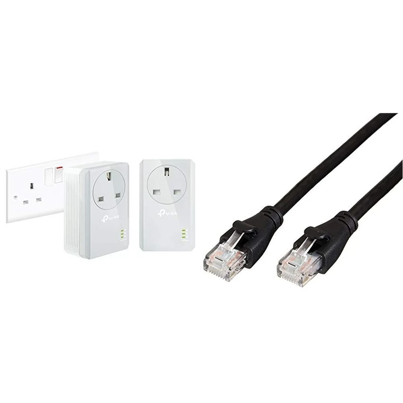TP-Link TL-PA4010PKIT Passthrough Powerline Adapter Starter Kit, No Configuration Required, UK Plug, Pack of 2 & Amazon Basics RJ45 CAT6 Ethernet LAN Patch Cable (1.5 m / 5 Feet) [1,000 Mbps (1 Gbps)]