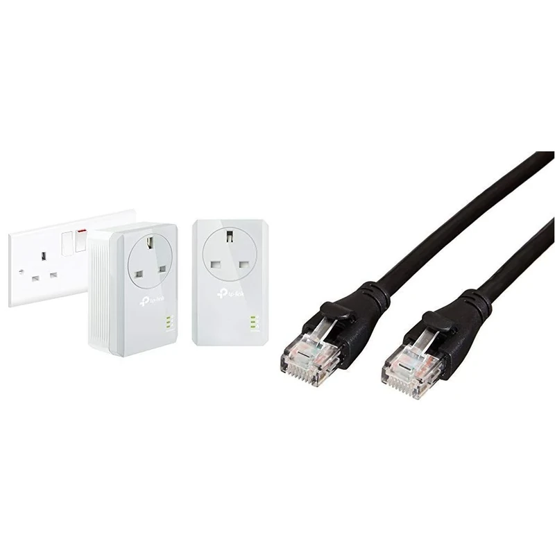 TP-Link TL-PA4010PKIT Passthrough Powerline Adapter Starter Kit, No Configuration Required, UK Plug, Pack of 2 & Amazon Basics RJ45 CAT6 Ethernet LAN Patch Cable (0.9 m / 3 Feet) [1,000 Mbps (1 Gbps)]