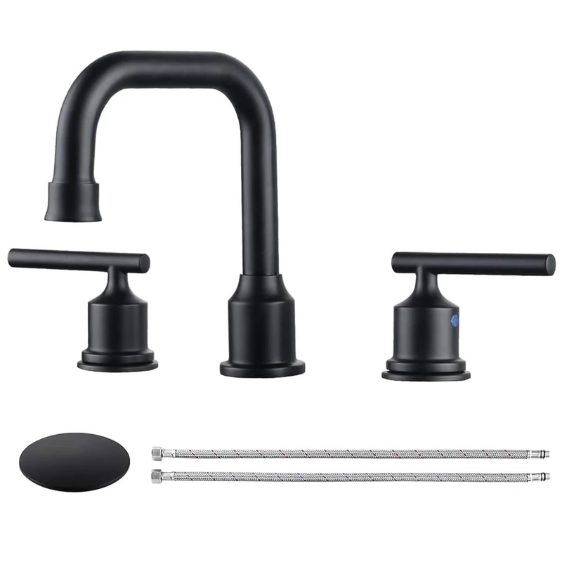 WOWOW Two Handles Widespread 8 inch Bathroom Faucet Black 3 Pieces Basin Faucets 360 Degree Swivel Spout Lavatory Sink Faucet